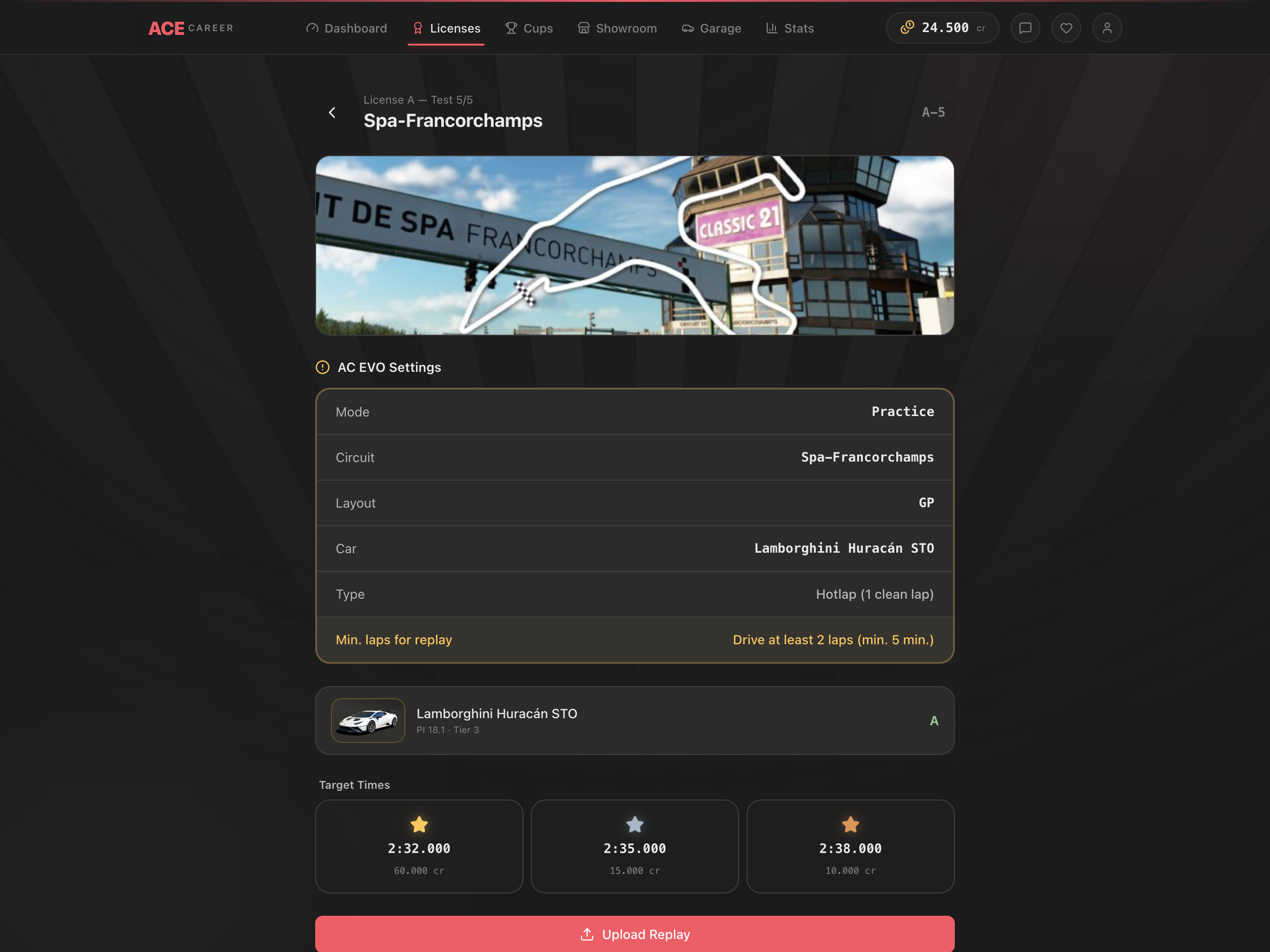 License test with AC EVO settings and replay upload