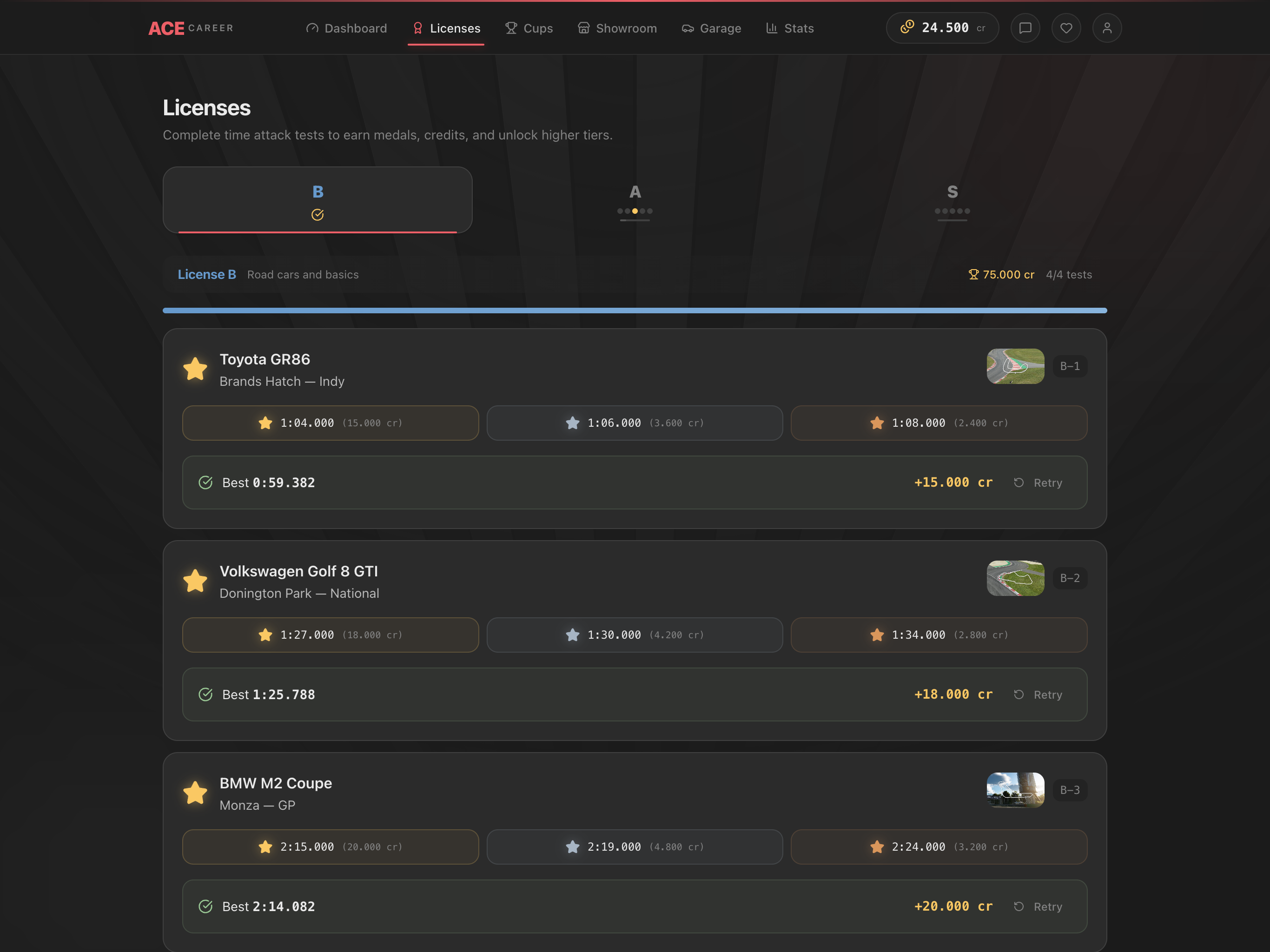 License tests with target times and medal rewards